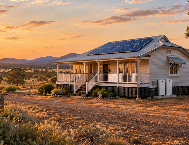 Illustration of a rural home with rooftop solar at sunset