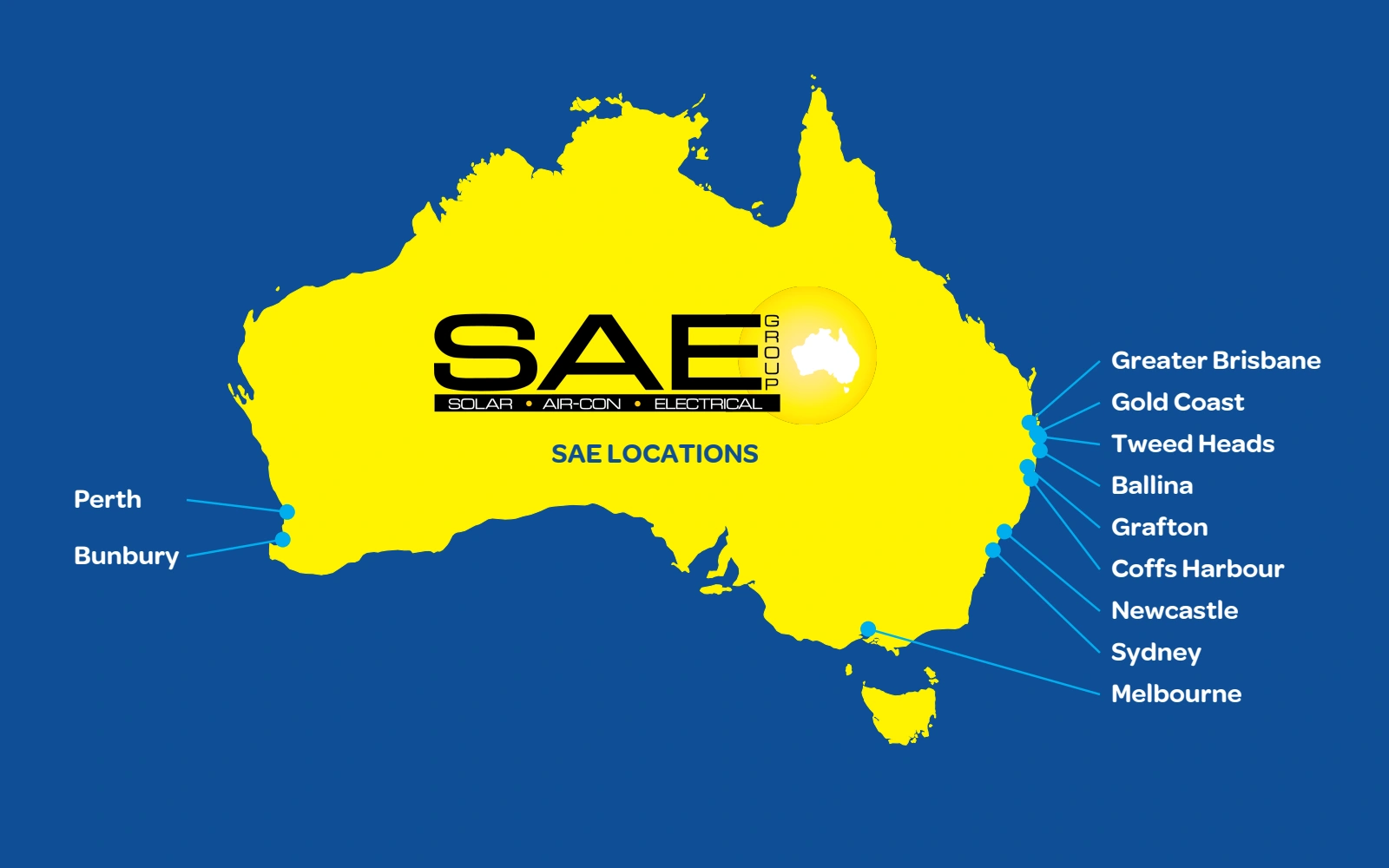 SAE locations across Australia, including Perth and Bunbury in Western Australia, with Tasmania shown in full.